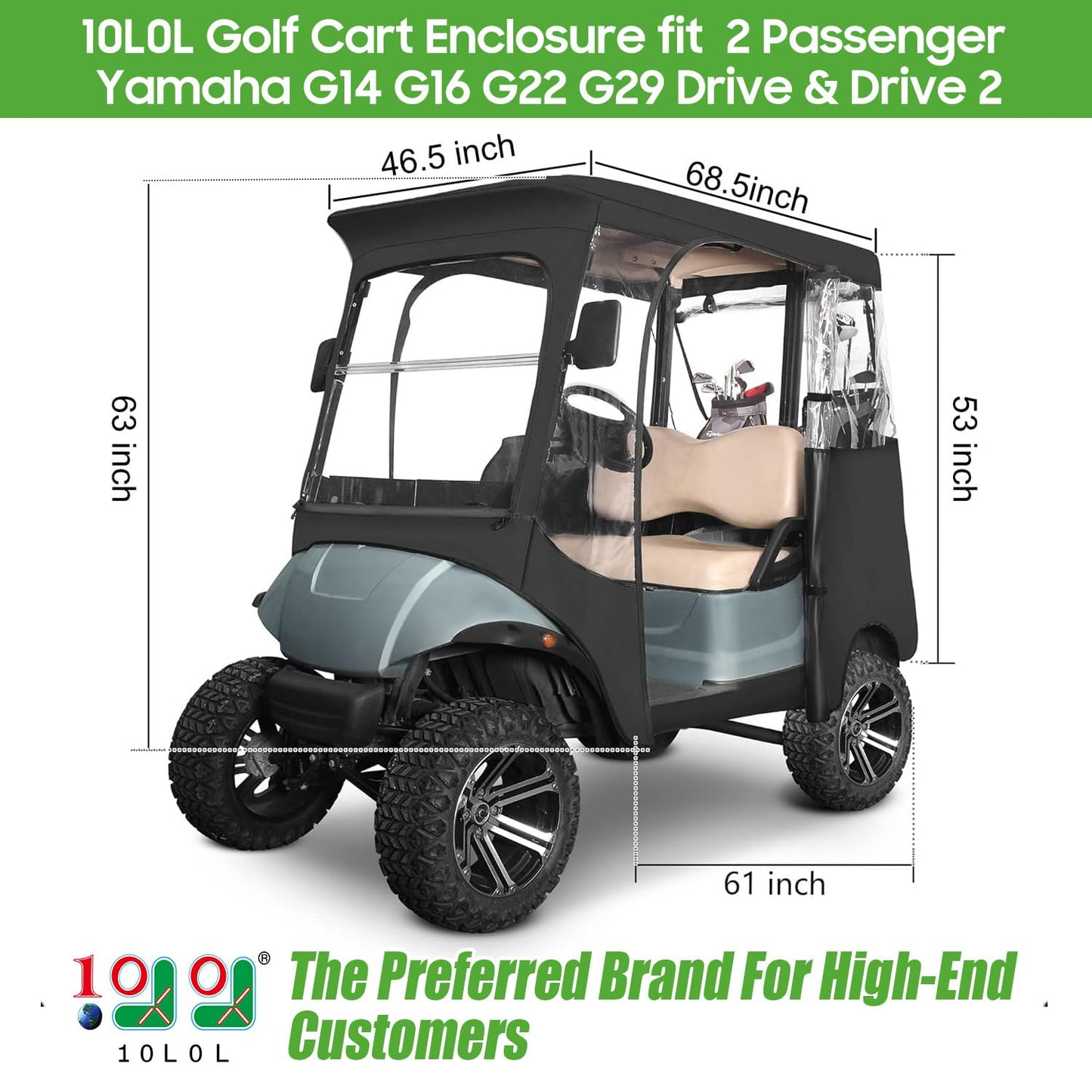 Golf Cart Enclosure fit Yamaha G14 G16 G22 G29 Drive and Drive 2, Yamaha Rain Cover with Clear PVC Windshield.