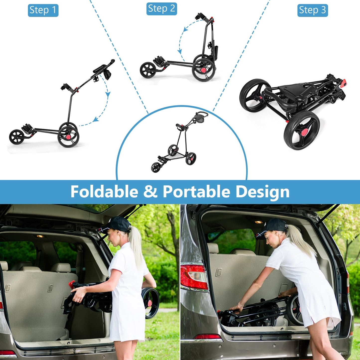 3 Wheel Golf Push Cart, Folding Collapsible Lightweight.