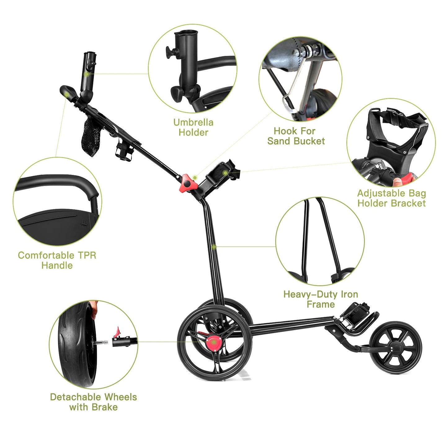 3 Wheel Golf Push Cart, Folding Collapsible Lightweight.