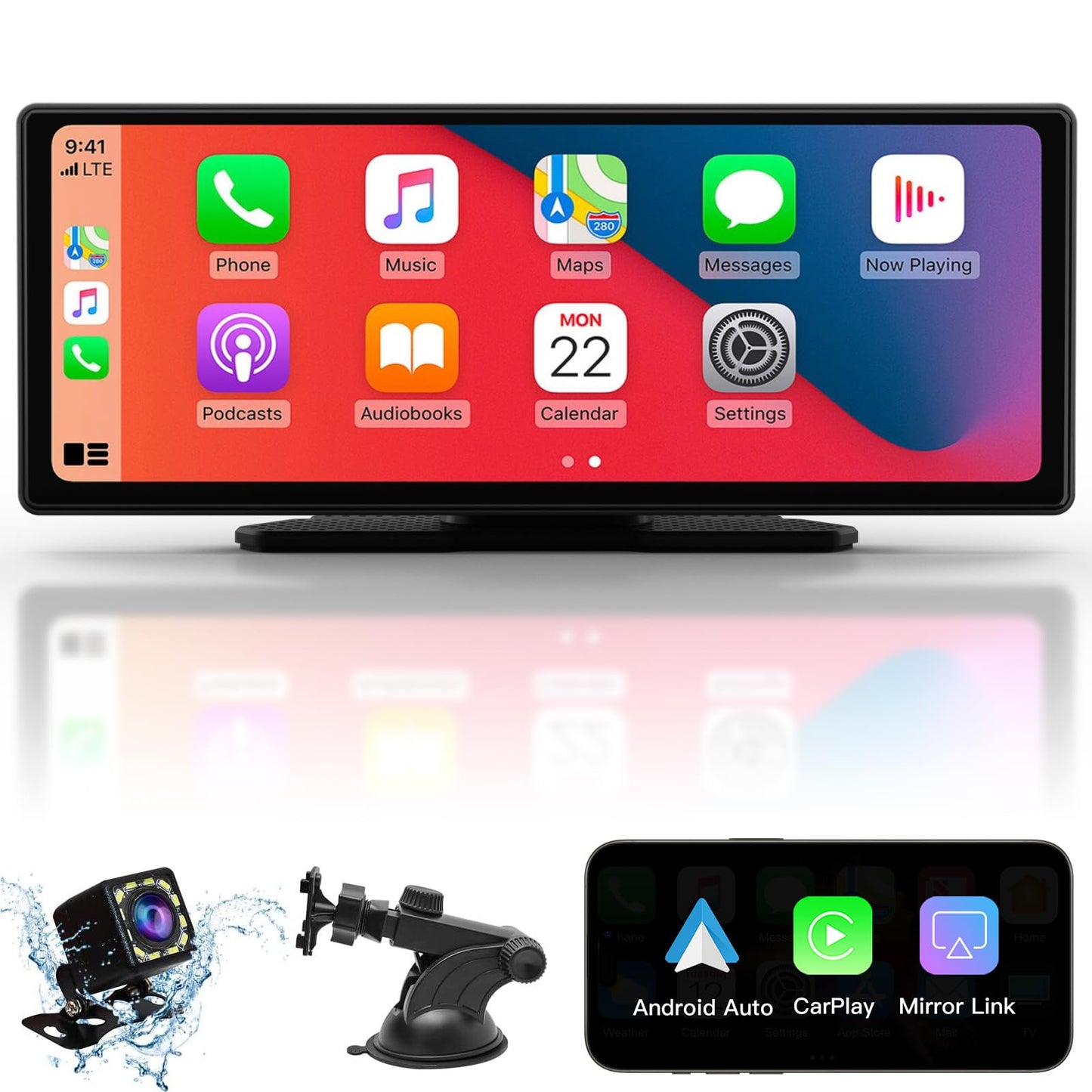 Wireless Apple Carplay & Android Auto,Carplay Box+Backup Camera,9.26'' Portable Car Stereo.