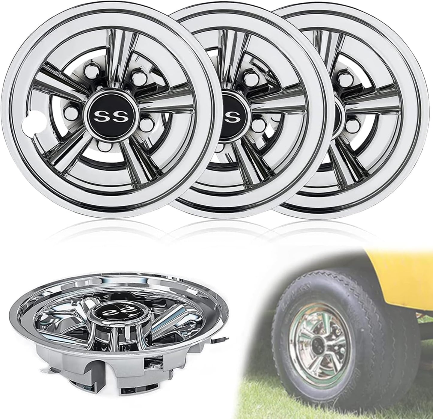 Premium Golf Cart Hubcaps, 8 Inch SS Chrome Golf Cart Hub Caps Set of 4.