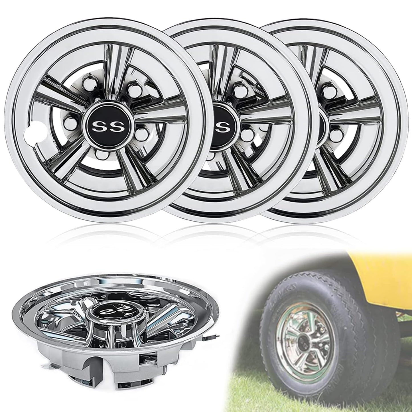 Premium Golf Cart Hubcaps, 8 Inch SS Chrome Golf Cart Hub Caps Set of 4.