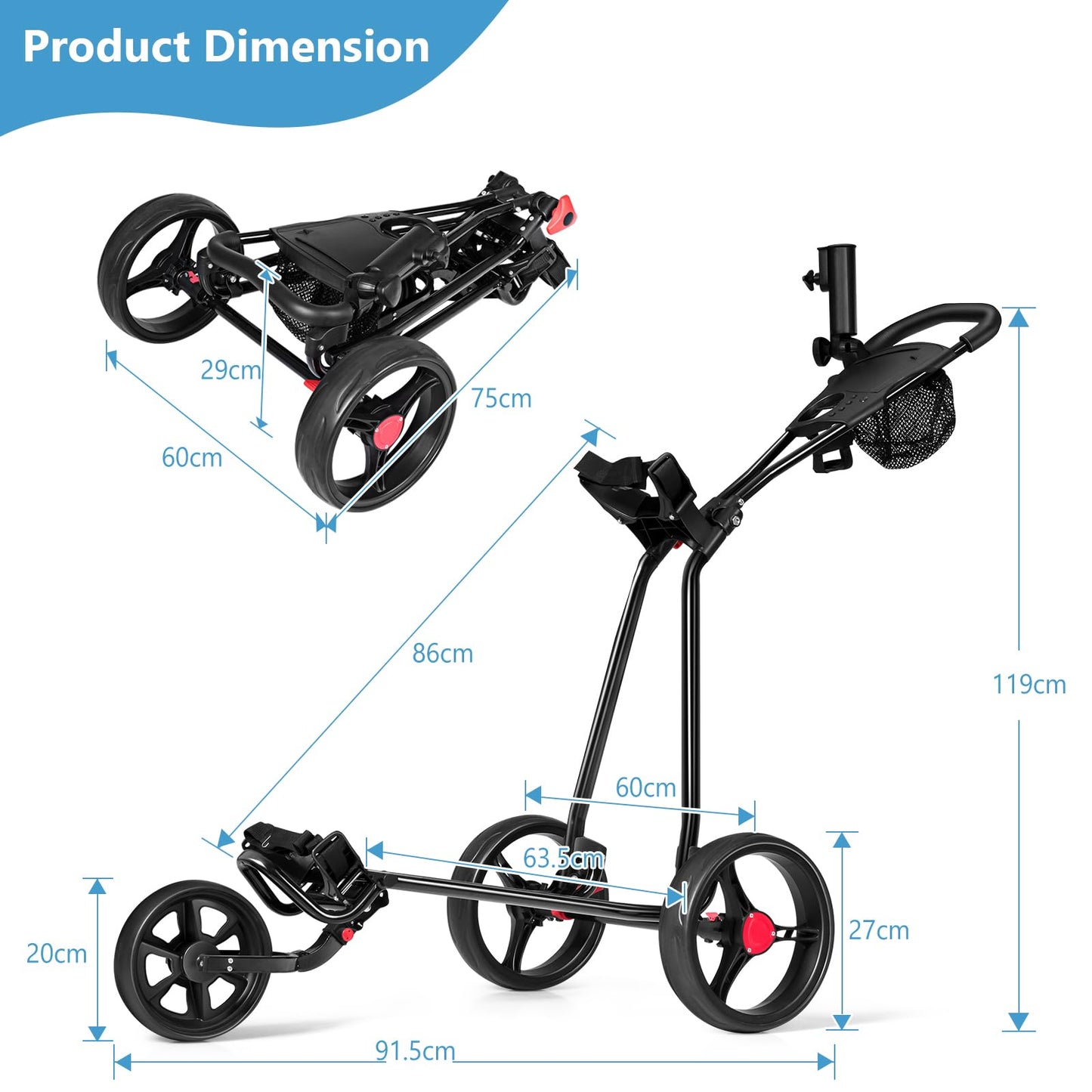 3 Wheel Golf Push Cart, Folding Collapsible Lightweight.