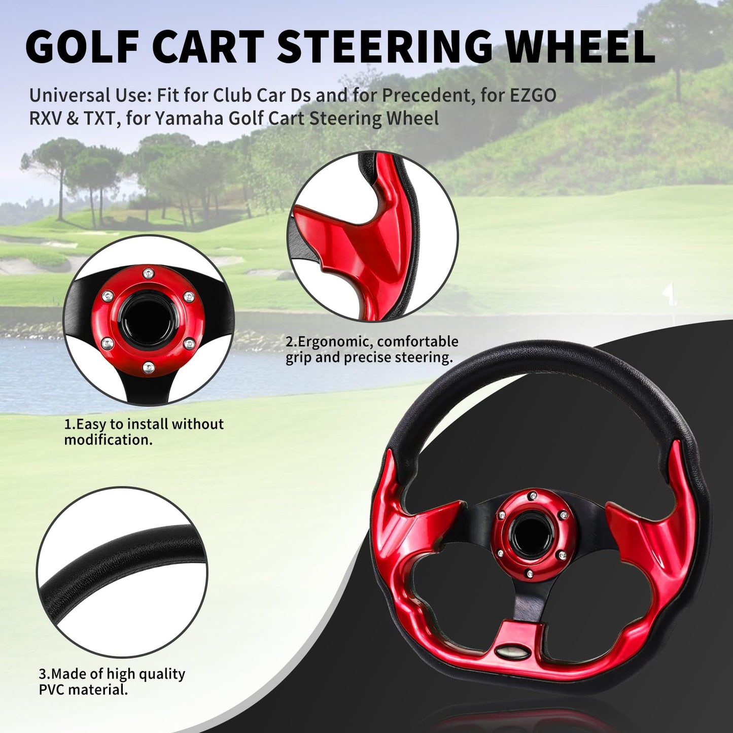 Golf Cart Steering Wheel Universal Design Fit for Club Car Ds and Precedent, EZGO RXV & TXT, Yamaha.