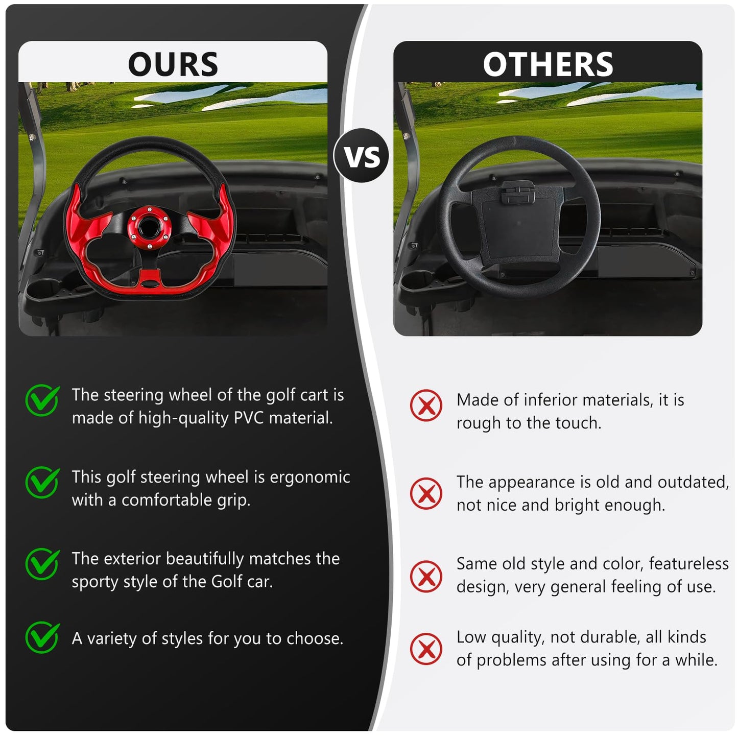 Golf Cart Steering Wheel Universal Design Fit for Club Car Ds and Precedent, EZGO RXV & TXT, Yamaha.