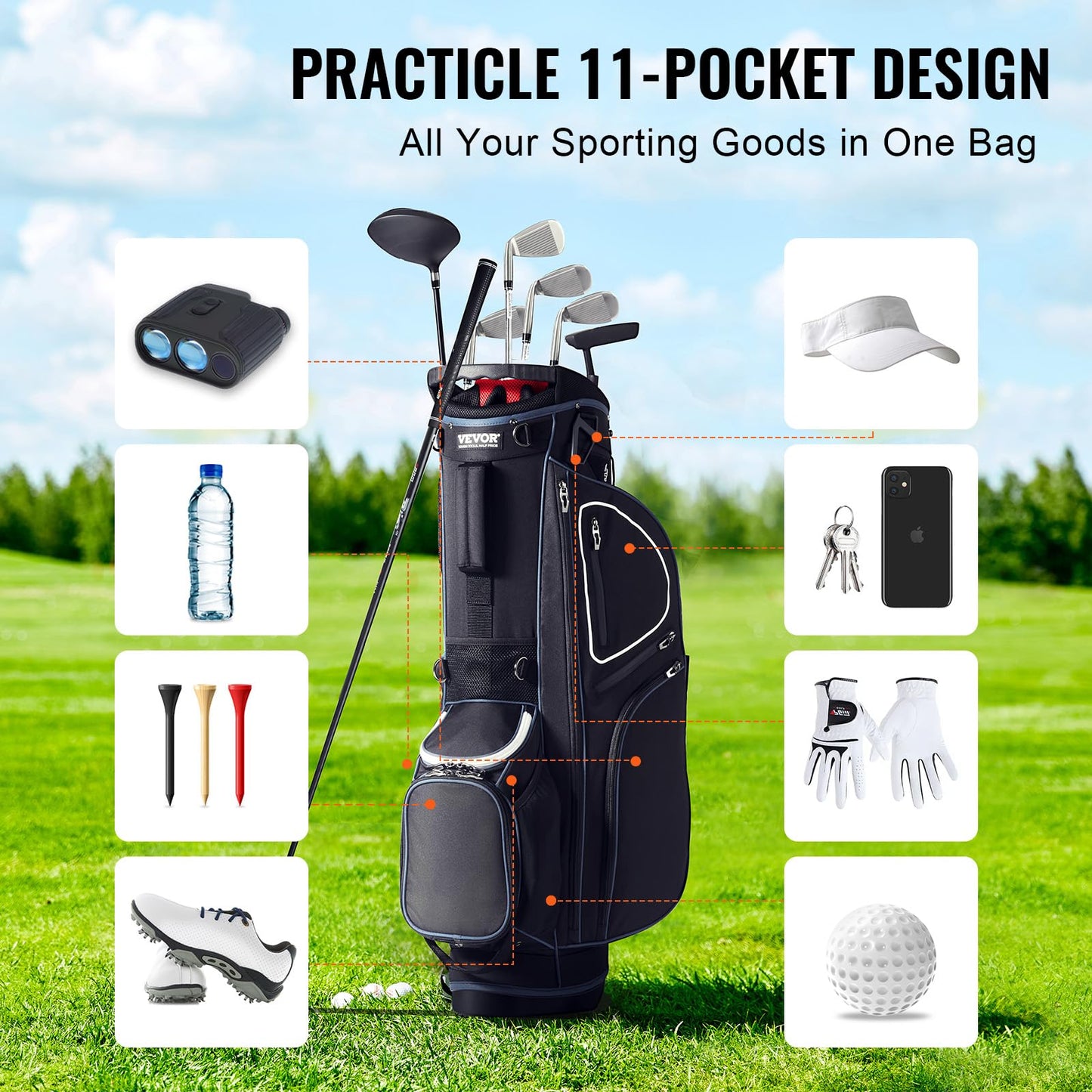 Golf Cart Bag with 14 Way Organizer Divider Top, 35” 11 Pockets Premium Cart Bag with Stand.