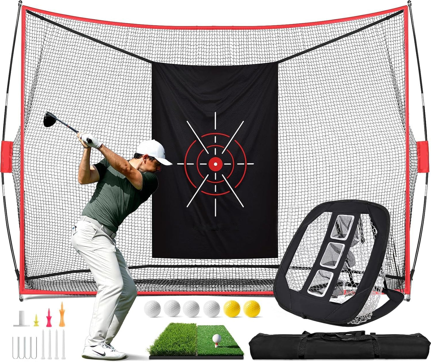 Golf Practice Net, 3x2m Golf Net with Chipping Net, Golf Mat, Silk Target, 8 Golf Tees, 6 Golf Balls and Carry Bag.