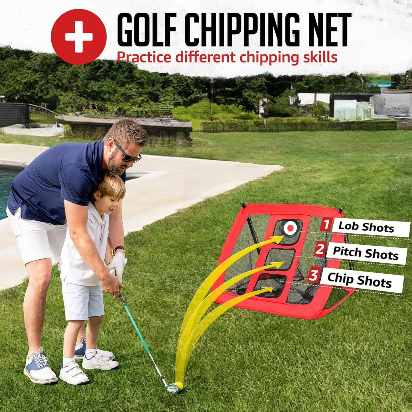 Golf Practice Net, 3x2m Golf Net with Chipping Net, Golf Mat, Silk Target, 8 Golf Tees, 6 Golf Balls and Carry Bag.