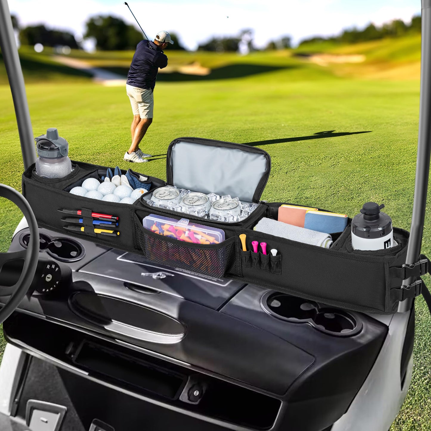 Golf Cart Inner Storage Tray, No-Drilling. Front Storage Basket Compatible with EZGO Drive and Club Car.