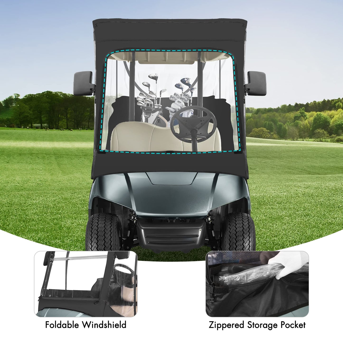 Golf Cart Enclosure fit Yamaha G14 G16 G22 G29 Drive and Drive 2, Yamaha Rain Cover with Clear PVC Windshield.