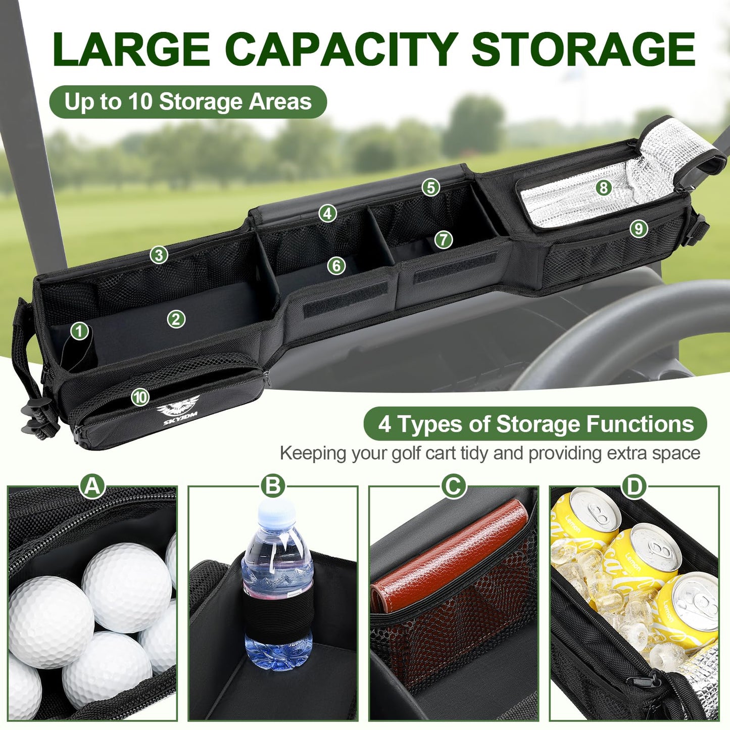 Foldable Golf Cart Inner Front Storage. Compatible with EZGO, Club Car Drive Kandi Yamaha.