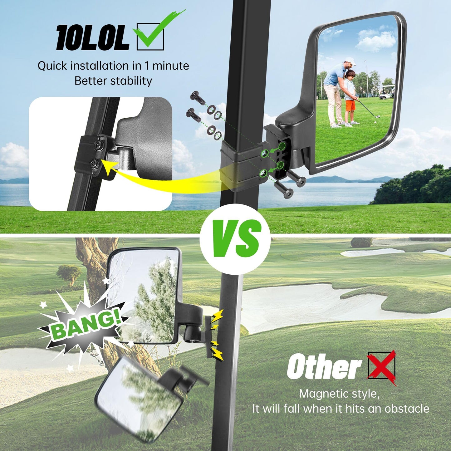 Side Mirrors Universal for Yamaha, Club Car, EZGO, Folding Side Rear View Mirrors Adjustable 180 Degree HD Glass.