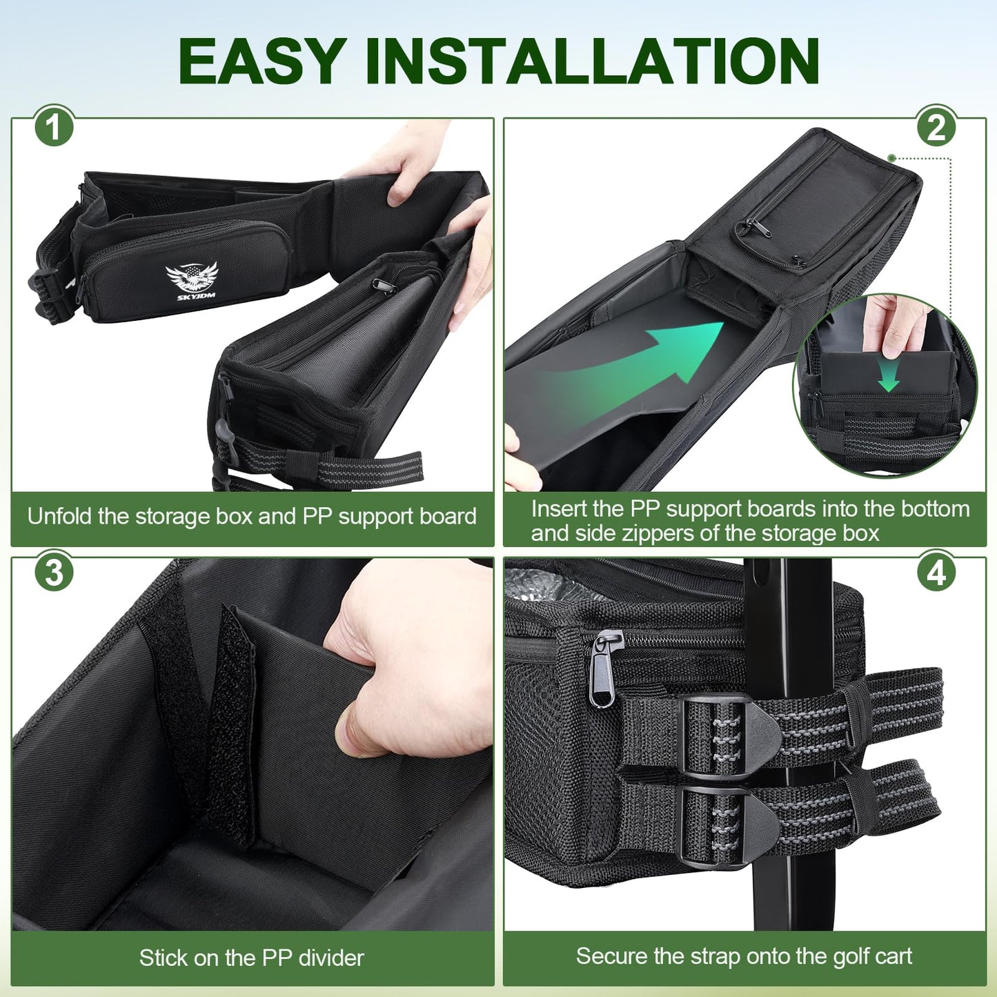 Foldable Golf Cart Inner Front Storage. Compatible with EZGO, Club Car Drive Kandi Yamaha.