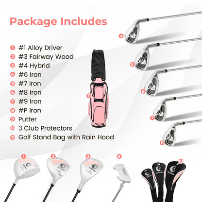 Women's Complete Golf Club Set, Right Handed Ladies Golf Clubs Set w/ 460cc Alloy Driver, #3 Fairway Wood, #4 Hybrid, #6/#7/#8/#9/#P Irons & Putter.