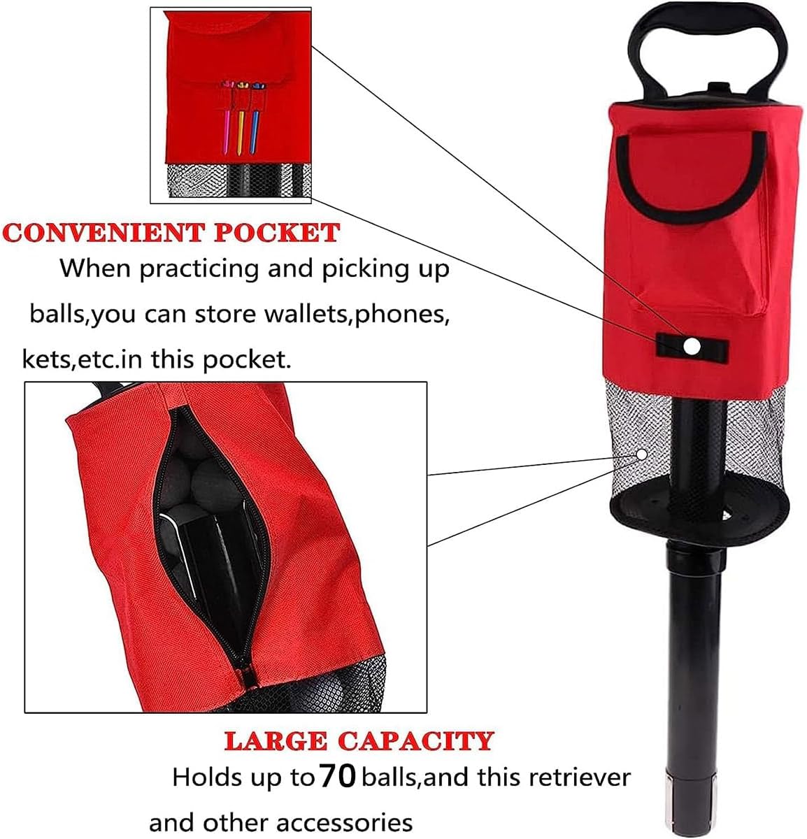 Golf Ball Retriever Bag with Detachable Tube, Convenient Storage for 70 Balls.