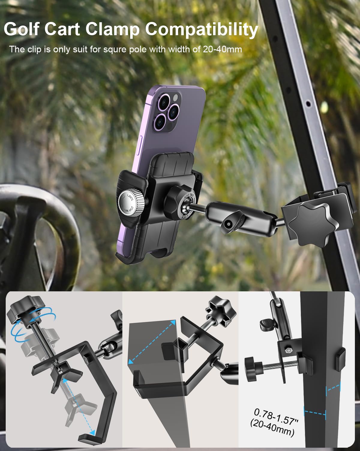 Golf Cart Phone Holder - Compatible with EZGO/Club Car/Yamaha.