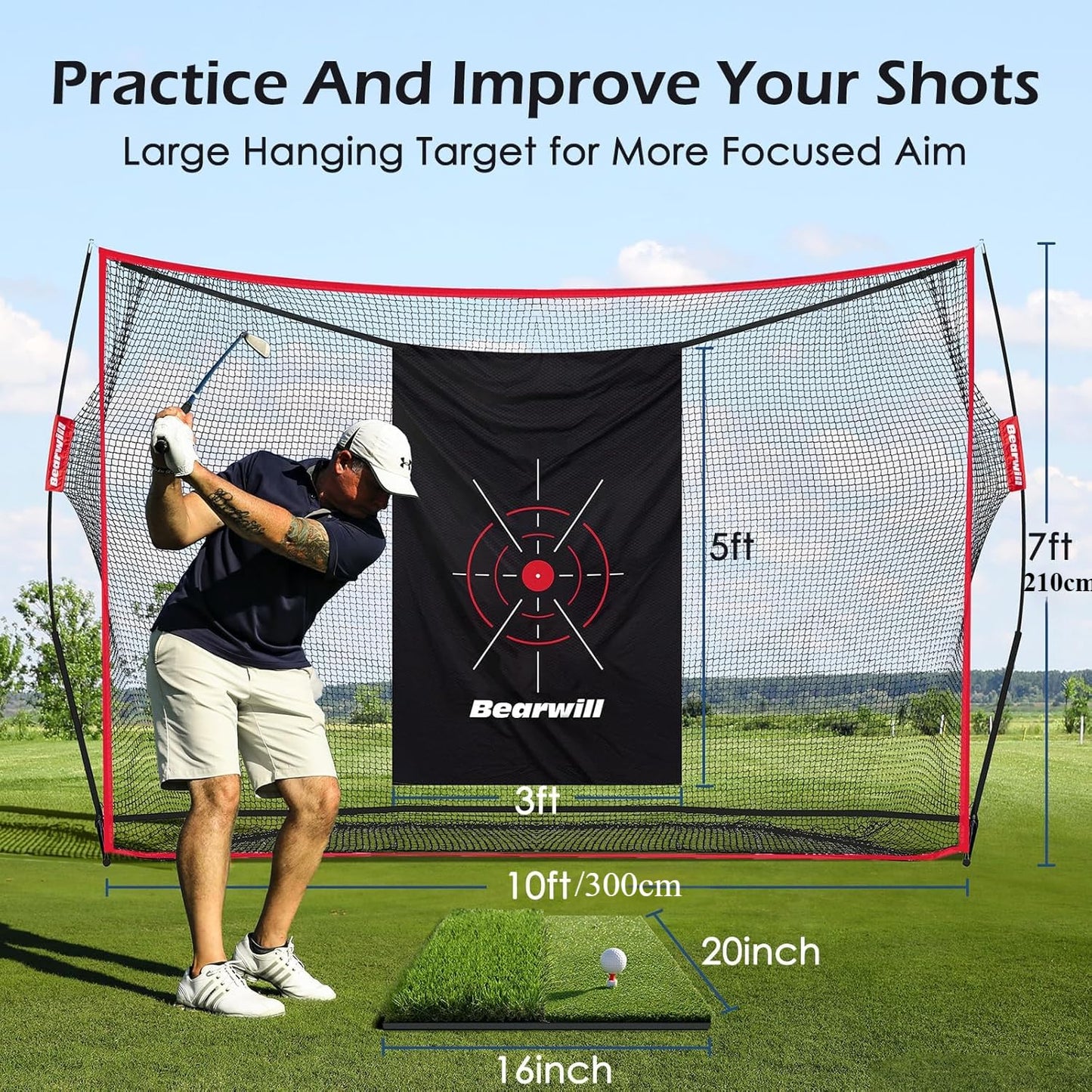 Golf Practice Net, 3x2m Golf Net with Chipping Net, Golf Mat, Silk Target, 8 Golf Tees, 6 Golf Balls and Carry Bag.