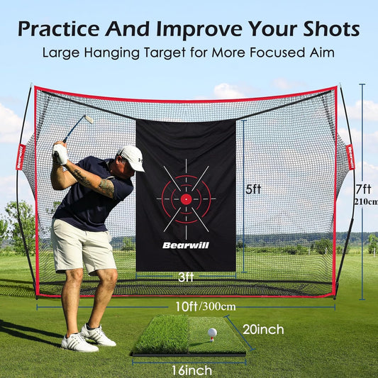 Golf Practice Net, 3x2m Golf Net with Chipping Net, Golf Mat, Silk Target, 8 Golf Tees, 6 Golf Balls and Carry Bag.