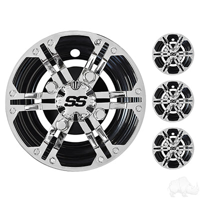Wheel Cover, SET OF 4, 8" Daytona Chrome with Black