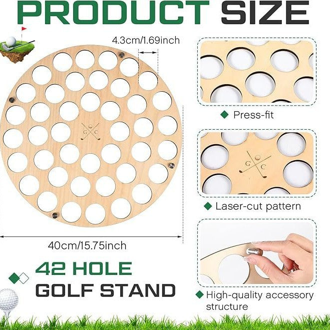 42-Hole Wooden Golf Ball Stand. Durable & High-Quality Storage Rack.